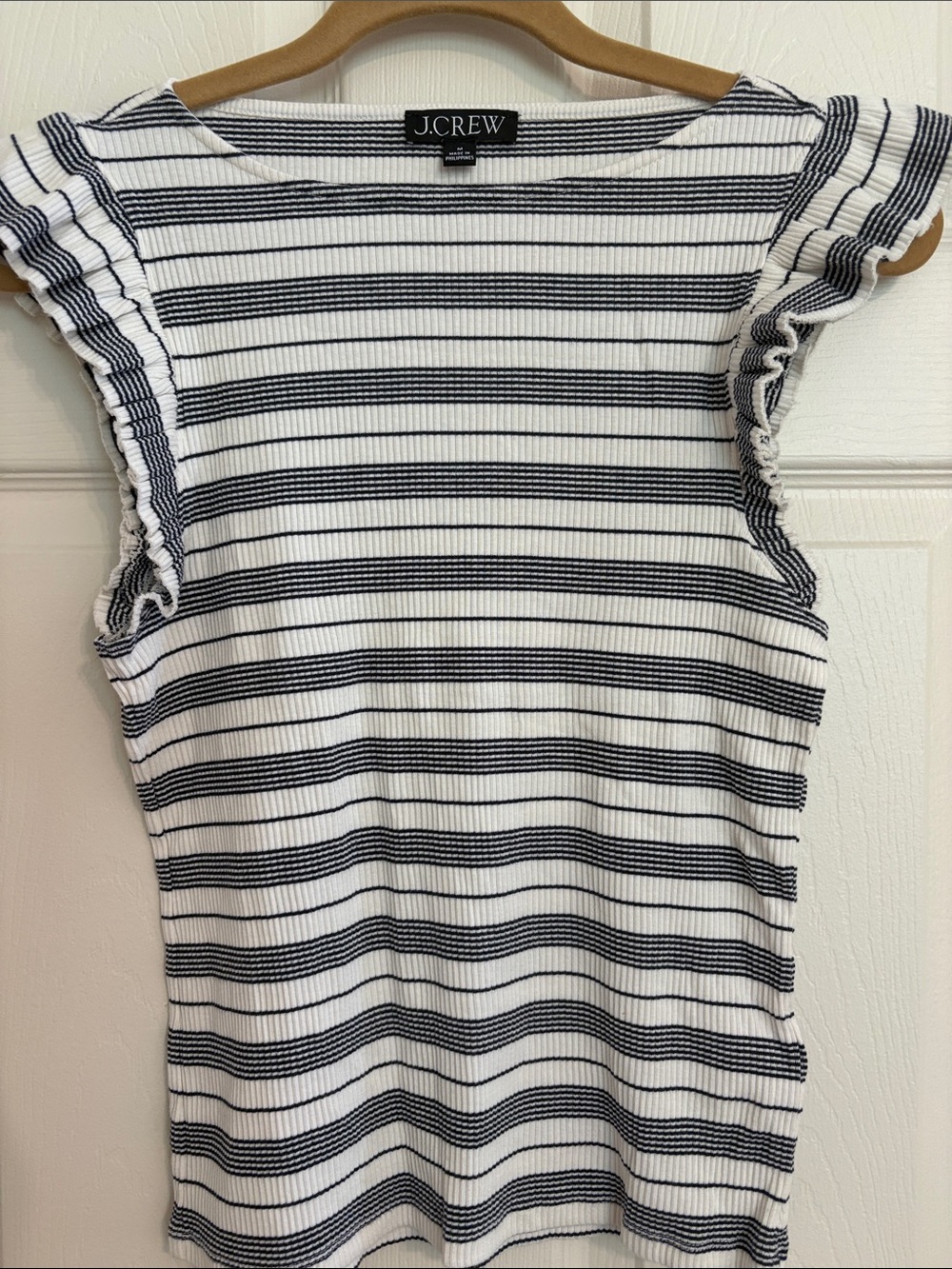 J.Crew White and Navy Ribbed Stripe Ruffle Sleeve Tank Small Medium